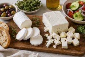 Fresh goat cheese log and feta block with olives and salad.