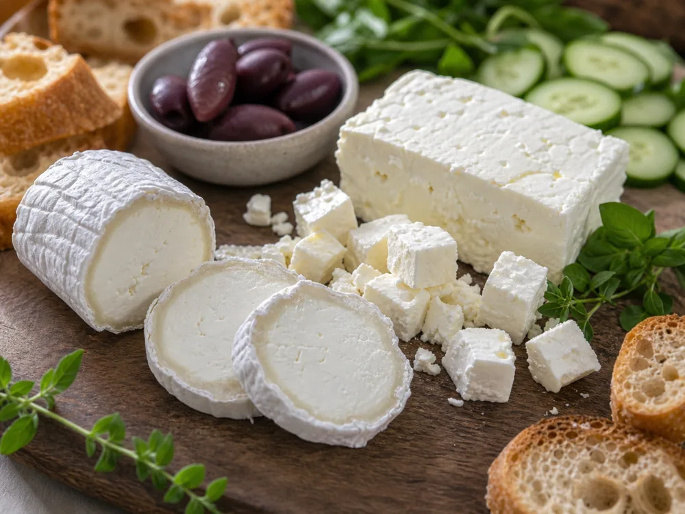 Fresh goat cheese slices beside a firmer brined cheese - Goat cheese | KnowTheCheese