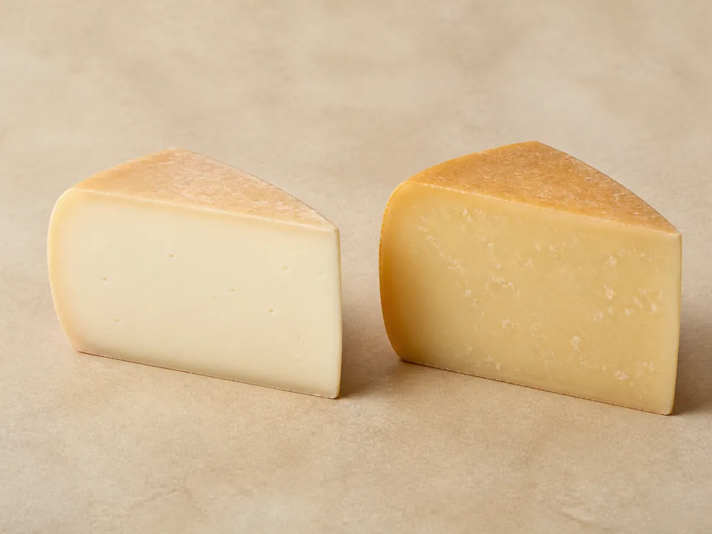 Young smooth goat Gouda beside firm aged goat Gouda - Goat Gouda | KnowTheCheese