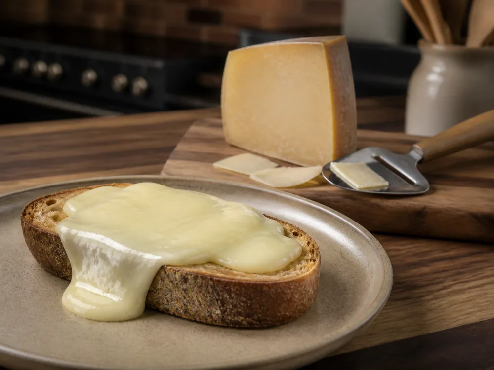 Young goat Gouda melted on toast beside an aged wedge - Goat Gouda | KnowTheCheese