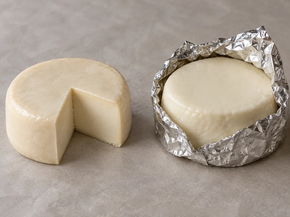Naturally ripened pale goat cheese wheel with a wedge cut out beside a foil-wrapped wheel - Goat Gouda | KnowTheCheese