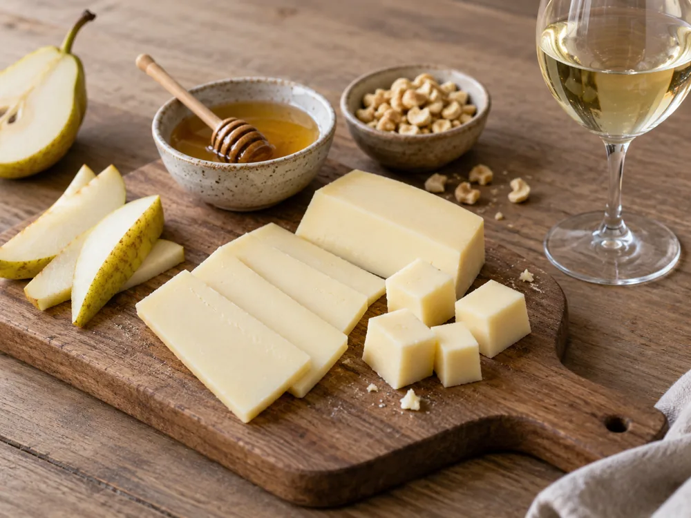 Slices and cubes of pale ivory goat Gouda with honey, crushed cashews, pear slices and a glass of white wine - Goat Gouda | KnowTheCheese