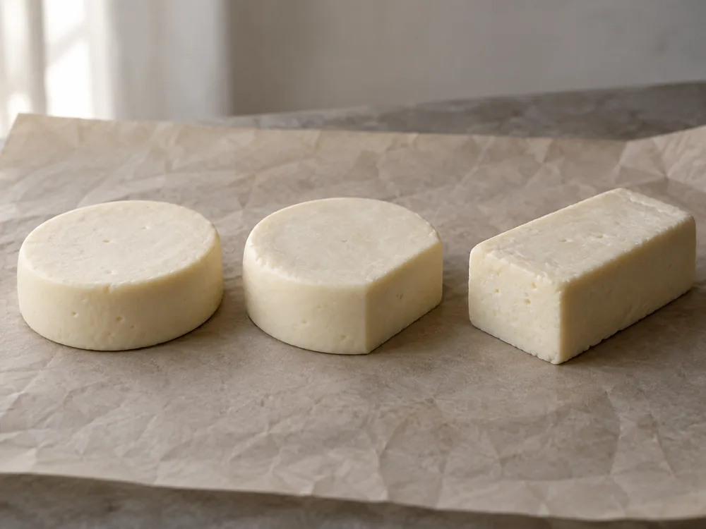 Three pale ivory goat cheeses on parchment shaped as a flat cylinder, an angular wheel and a loaf block - Goat Gouda | KnowTheCheese