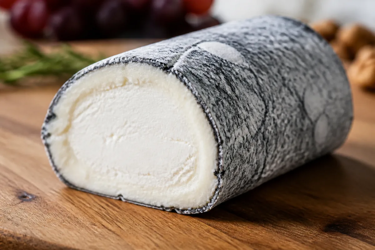 Log-shaped wedge of Golden Cross cheese with ash-dusted rind