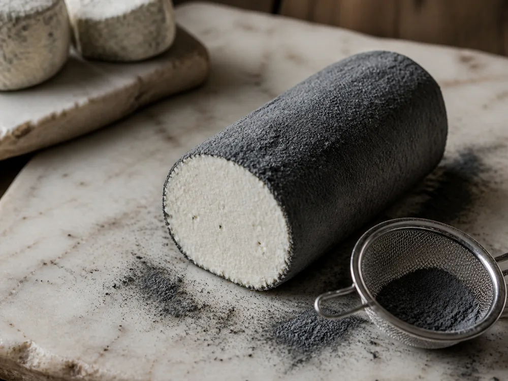 Ash being dusted onto a Golden Cross cheese log before the bloomy rind develops - Golden Cross cheese | KnowTheCheese