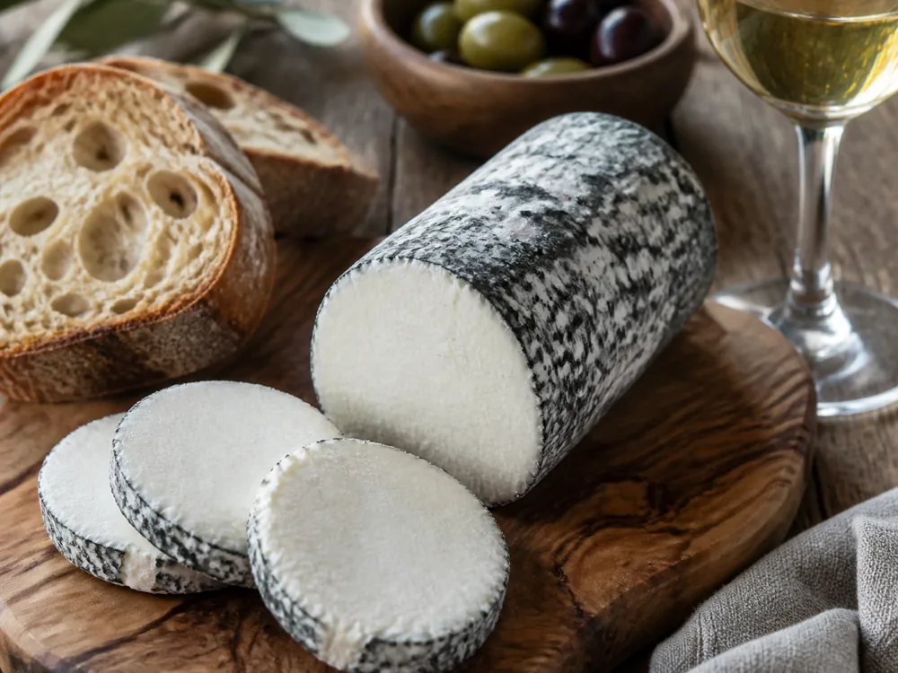 Sliced log of Golden Cross cheese served on a board with bread - Golden Cross cheese | KnowTheCheese