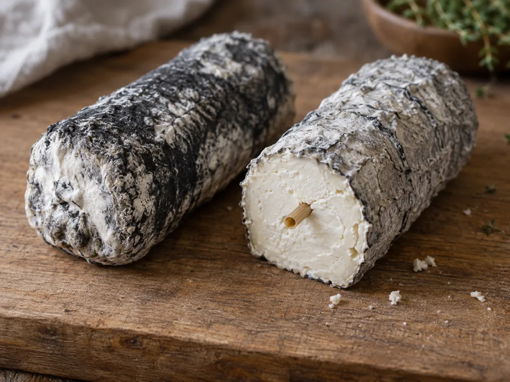 Two goat's cheese logs side by side, one dark with a white mould coat and one with a grey ash rind and a straw through the cut centre - Golden Cross cheese | KnowTheCheese