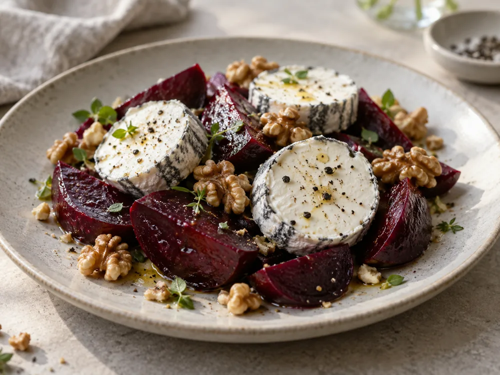 Beetroot wedges and walnuts on a plate with slices of goat's cheese that have a grey rind and white paste - Golden Cross cheese | KnowTheCheese