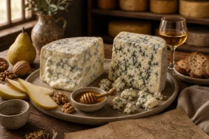 Gorgonzola-style blue cheese pieces with pear, honey, walnuts, and dessert wine - Gorgonzola cheese | KnowTheCheese