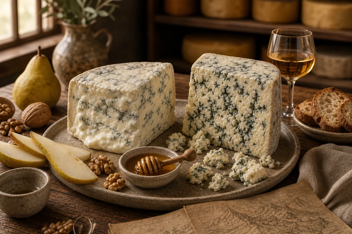Gorgonzola-style blue cheese pieces with pear, honey, walnuts, and dessert wine - Gorgonzola cheese | KnowTheCheese