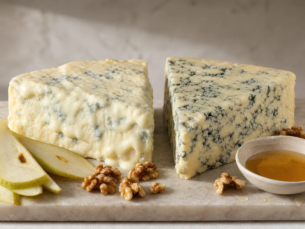 Gorgonzola Dolce and Piccante pieces showing creamy and crumbly blue textures - Gorgonzola cheese | KnowTheCheese