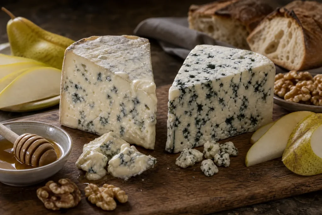 Gorgonzola and Roquefort wedges with pears, walnuts, and honey.