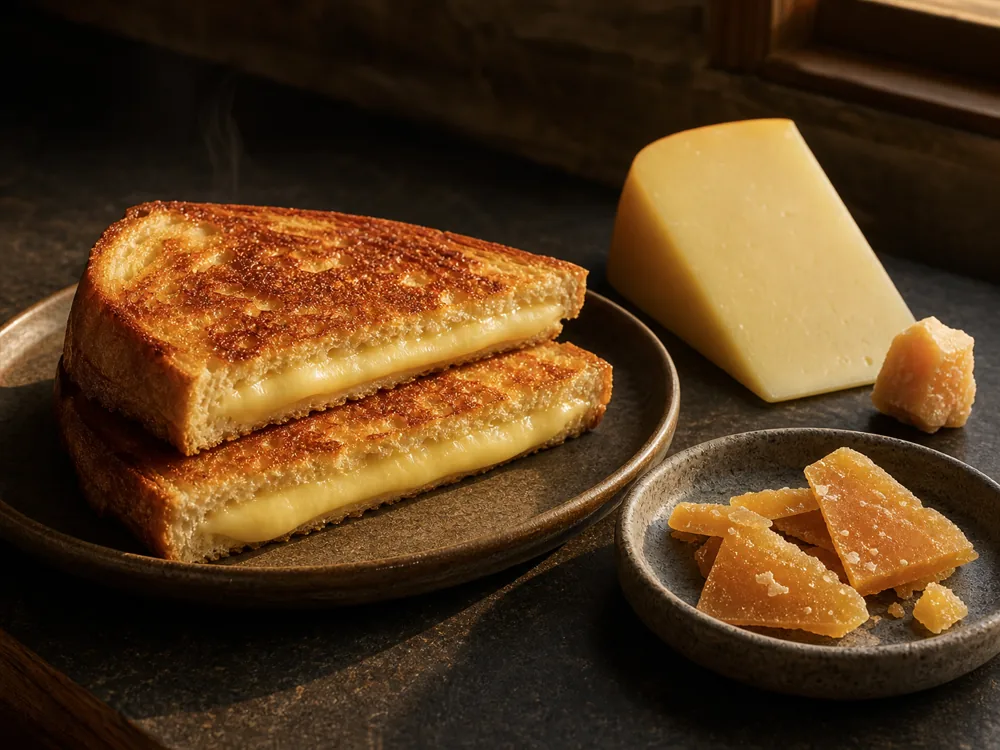 Young Gouda melted in toast beside aged Gouda shards - Gouda | KnowTheCheese