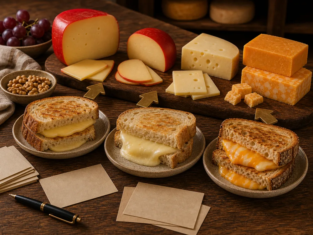 Gouda substitute melt test with toasted samples of Gouda, Havarti, and Colby beside Edam, Havarti, and cheddar wedges - Gouda substitutes | KnowTheCheese