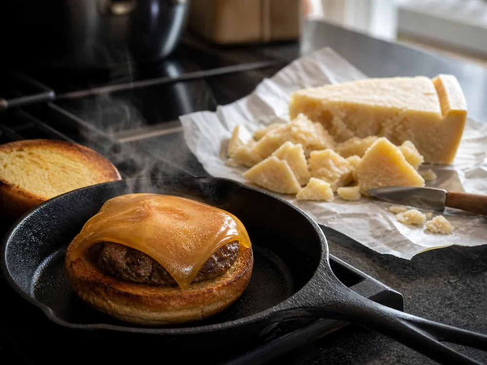 Smoked cheese melting on a skillet burger with dry crystalline aged cheese shards behind it - Gouda substitutes | KnowTheCheese