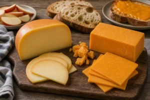 Gouda wedge and cheddar block with apples and bread.