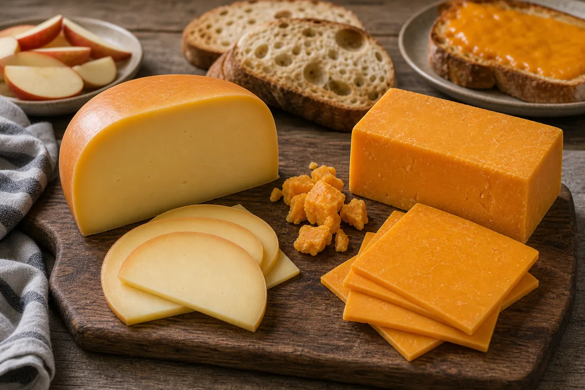 Gouda wedge and cheddar block with apples and bread.