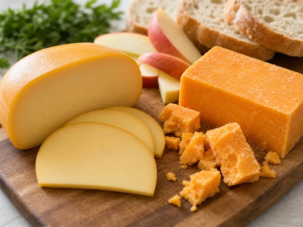 Smooth Gouda slices beside crumbly cheddar pieces - Gouda vs Cheddar | KnowTheCheese