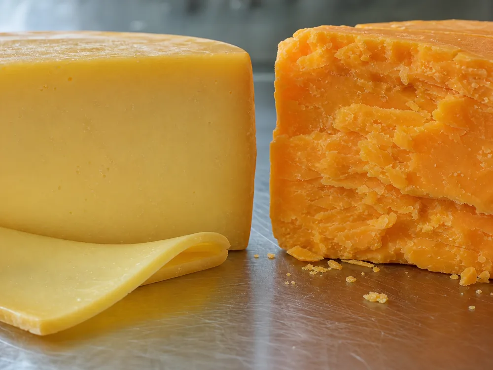 Smooth young Gouda cut beside flaky mature Cheddar - Gouda vs Cheddar | KnowTheCheese