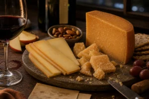 Young Gouda slices and aged Gouda shards with wine glass, nuts, apple, crackers, and wine ring - Gouda wine pairing | KnowTheCheese