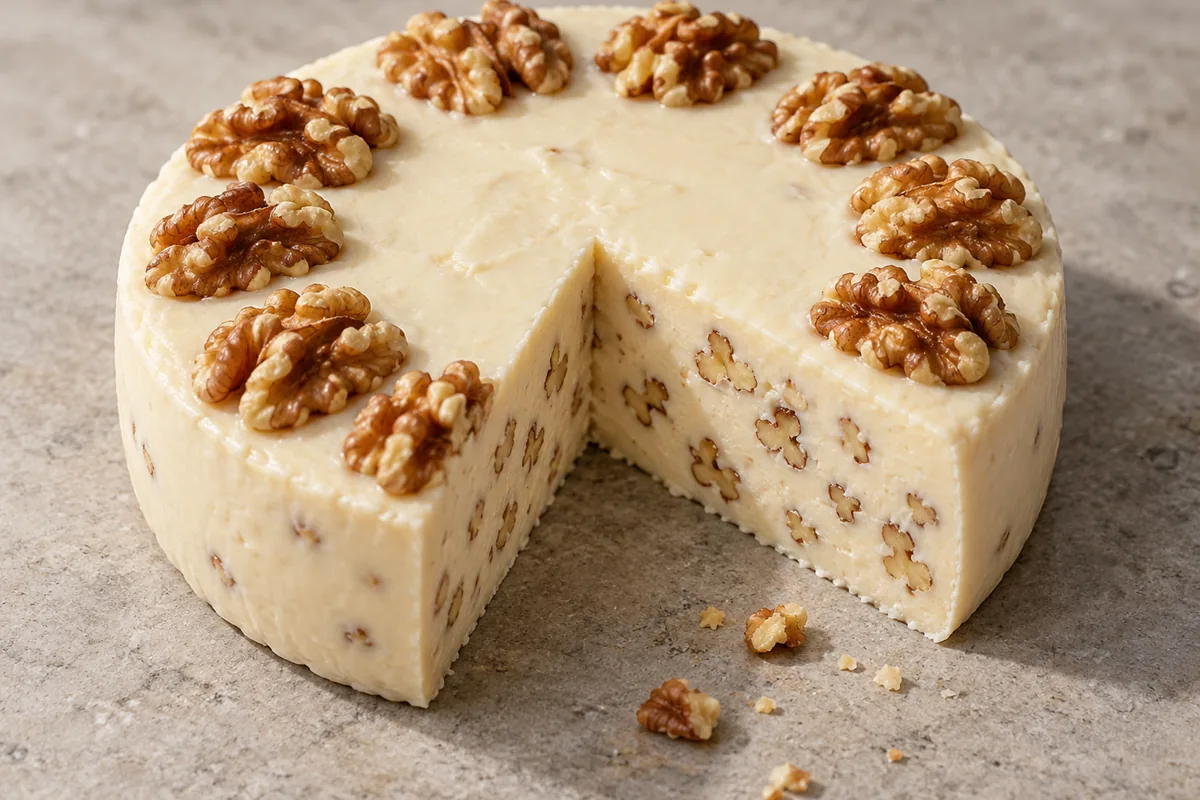 Round of soft cheese topped with a ring of walnut halves, with walnut pieces through the paste where it is cut - Gourmandise walnut version | KnowTheCheese