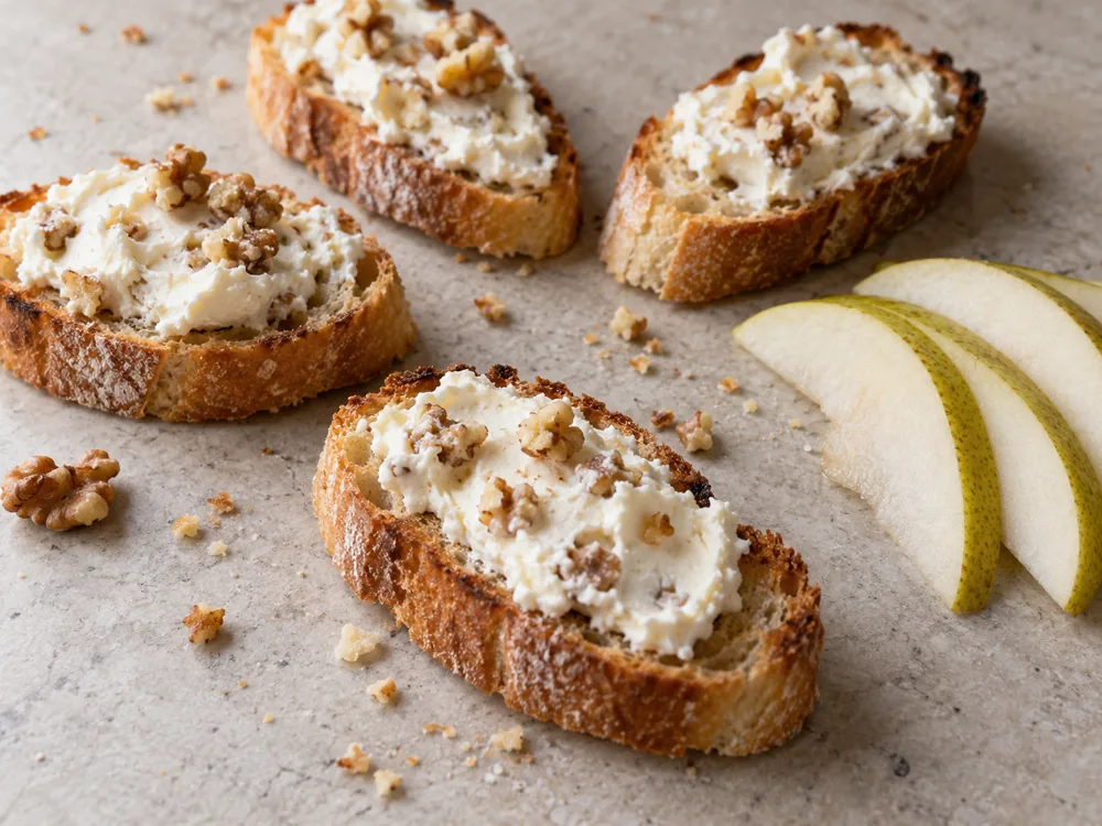 Toasted baguette slices spread with soft pale cheese holding walnut pieces, beside sliced pear - Gourmandise | KnowTheCheese
