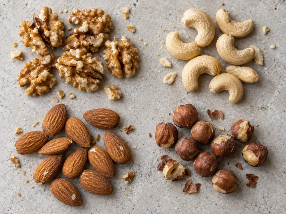 Separate groups of walnut halves, cashews, almonds and hazelnuts on a stone surface - Gourmandise | KnowTheCheese