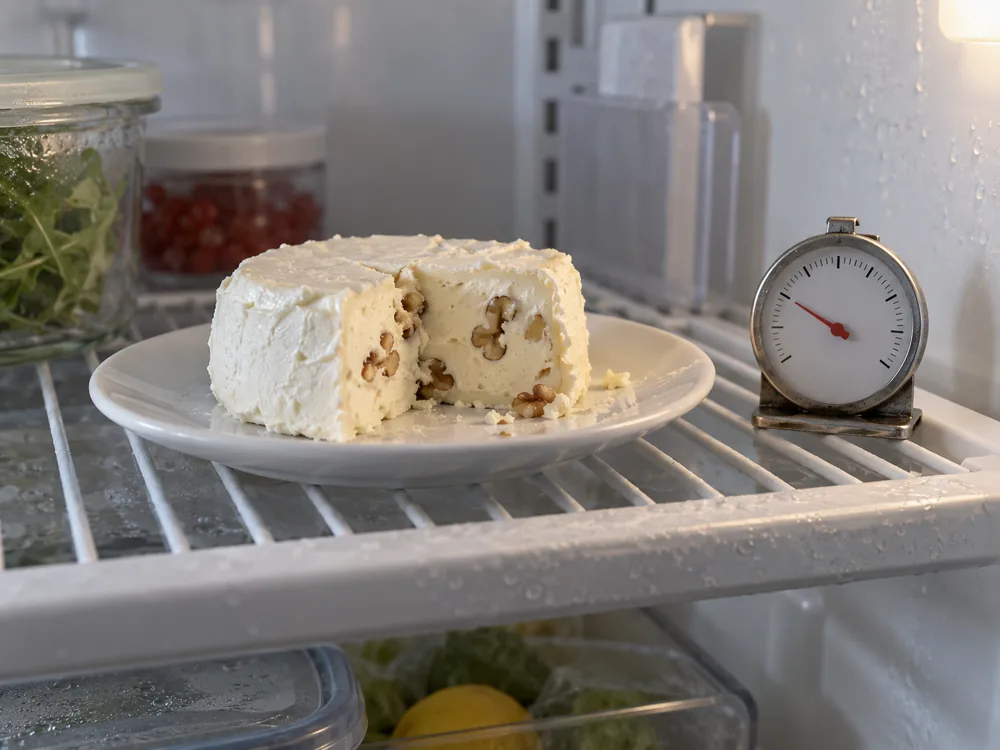 Small round of pale soft cheese with walnut pieces on a plate beside a dial thermometer on a refrigerator shelf - Gourmandise | KnowTheCheese
