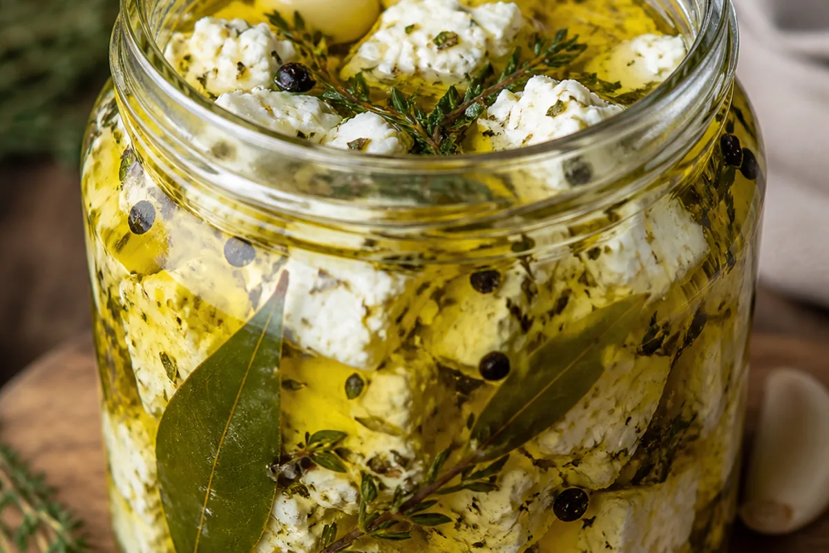 Jar of Graceburn cheese curd pieces submerged in herb-infused oil