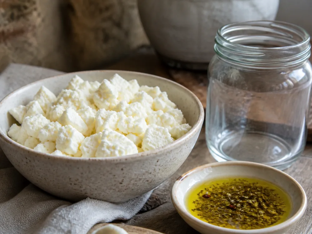 Broken curd pieces of Graceburn cheese next to a jar of herb-infused oil - Graceburn cheese | KnowTheCheese