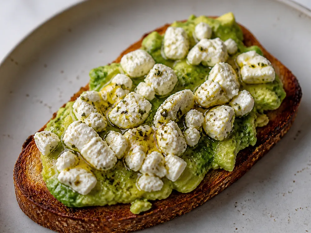 Toast topped with mashed avocado and crumbled Graceburn cheese - Graceburn cheese | KnowTheCheese