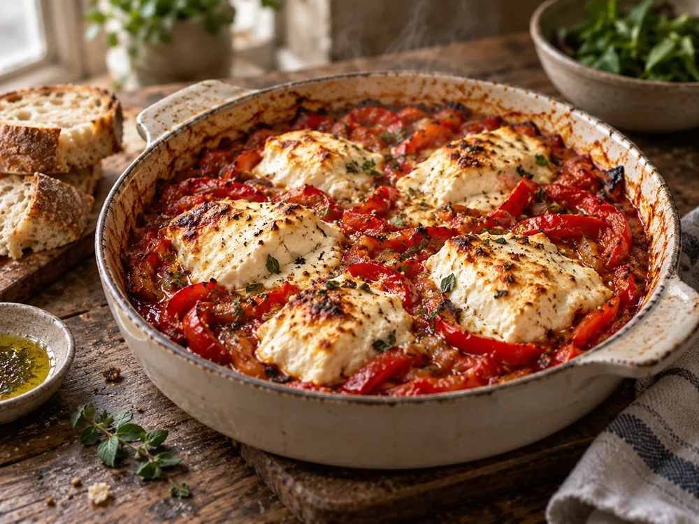 Baked chunks of soft white cheese on stewed red peppers and tomato in a baking dish - Graceburn | KnowTheCheese