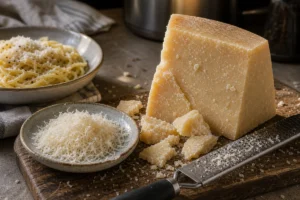 Grana Padano-style hard cheese wedge with grated cheese, shards, pasta, and microplane - Grana Padano cheese | KnowTheCheese