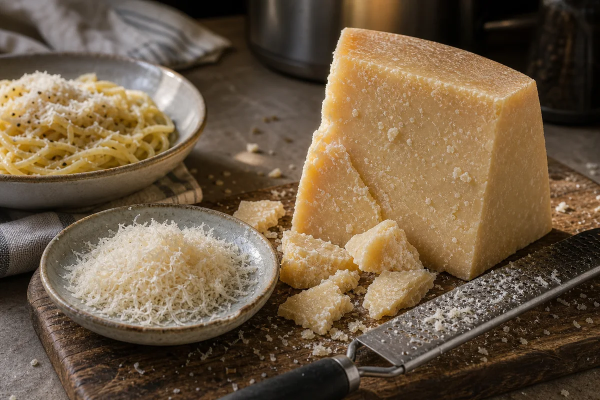 Grana Padano-style hard cheese wedge with grated cheese, shards, pasta, and microplane - Grana Padano cheese | KnowTheCheese