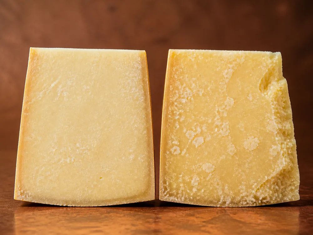 Young and Riserva-age Grana Padano wedges showing texture changes - Grana Padano | KnowTheCheese