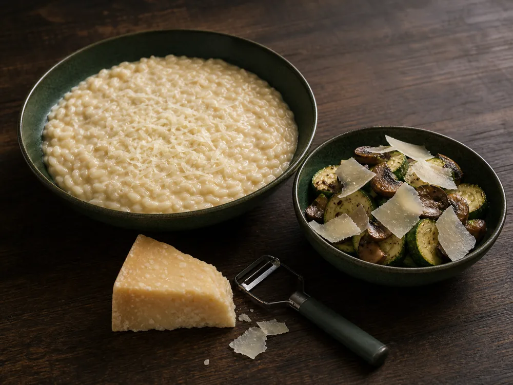 Grana Padano shavings on risotto and roasted vegetables - Grana Padano | KnowTheCheese