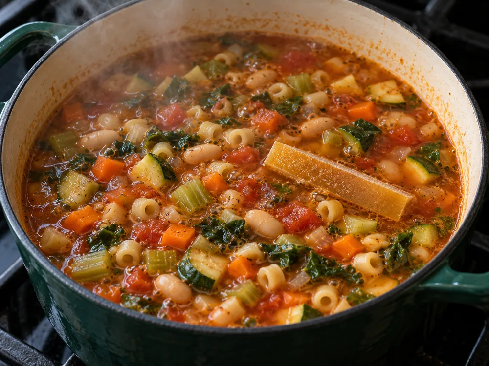 Strip of hard cheese rind simmering in a pot of vegetable minestrone - Grana Padano | KnowTheCheese