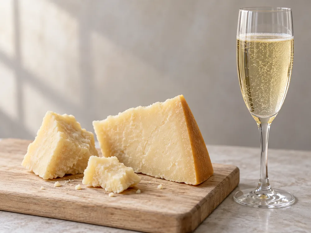 Pale straw-coloured hard cheese pieces beside a flute of sparkling white wine - Grana Padano | KnowTheCheese
