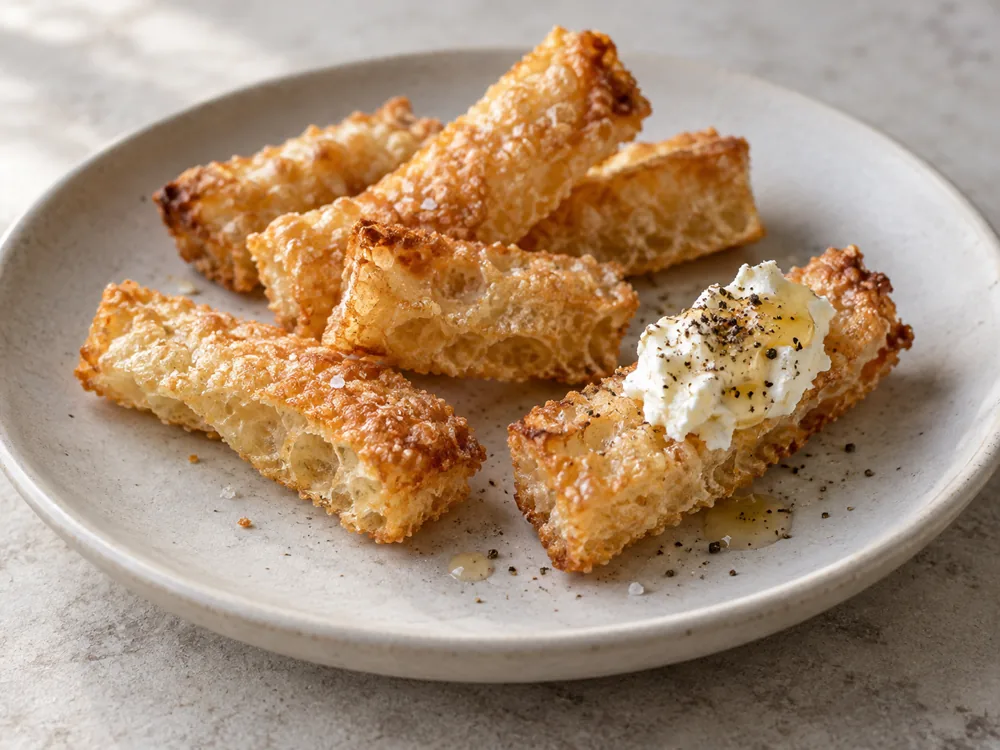 Puffed golden rind strips, one topped with cream cheese, honey and black pepper - Grana Padano | KnowTheCheese