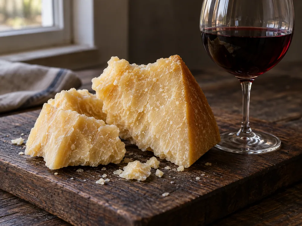 Broken pieces of grainy hard cheese beside a glass of full-bodied red wine - Grana Padano | KnowTheCheese