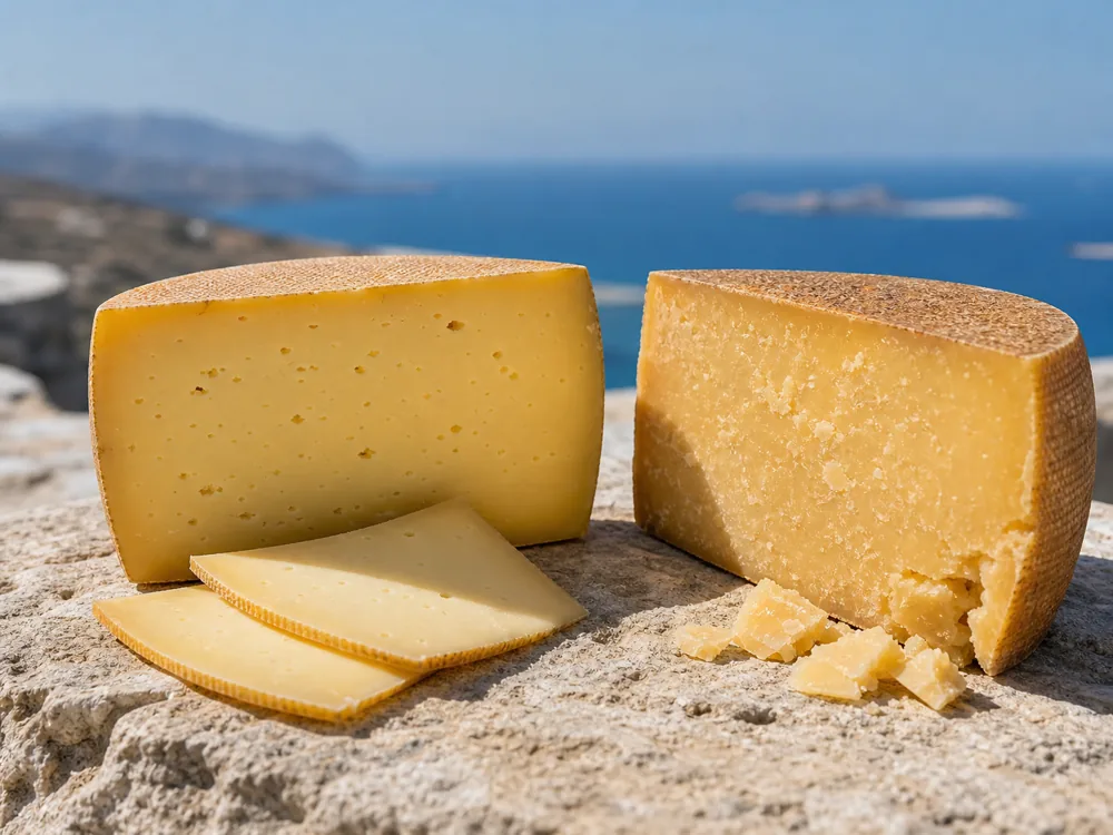 Young sliced Graviera beside an older drier Graviera wedge - Graviera | KnowTheCheese