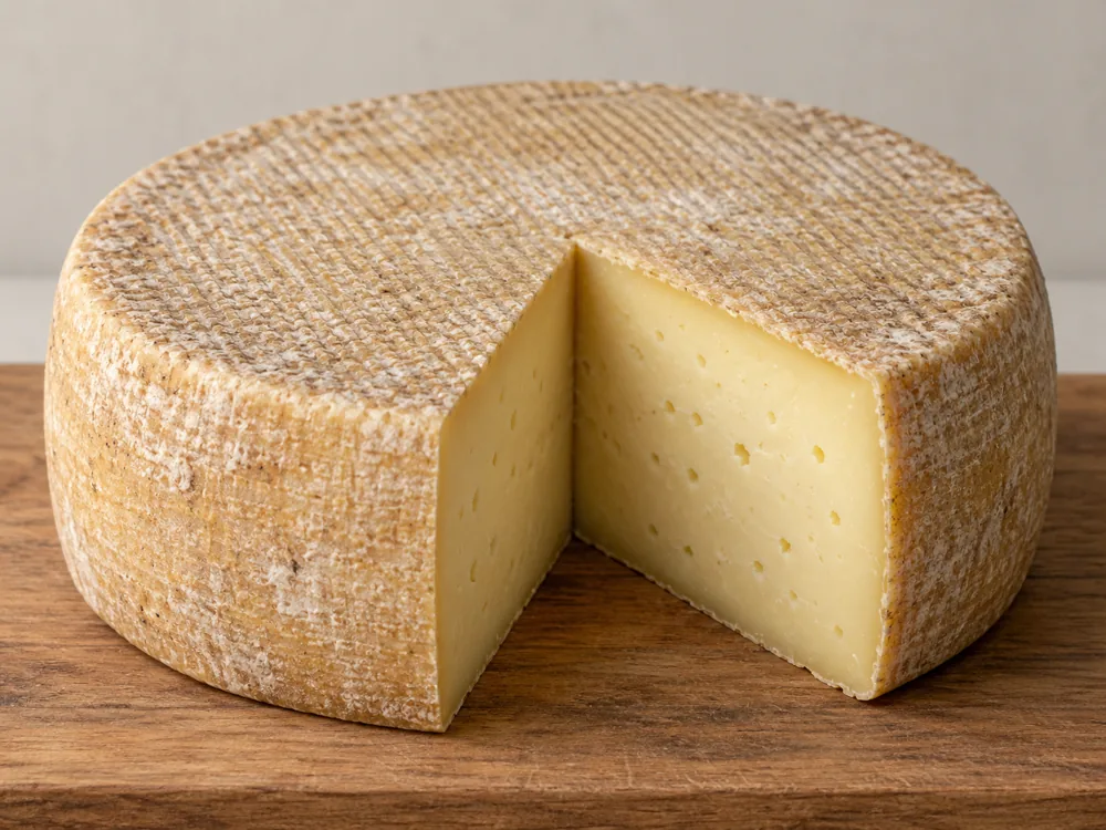 Graviera wheel with a crisscross cloth pattern on the rind and a pale-yellow cut face with small holes - Graviera | KnowTheCheese