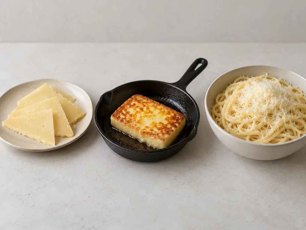 Graviera slices, a fried slab in a small skillet and grated Graviera over spaghetti - Graviera | KnowTheCheese