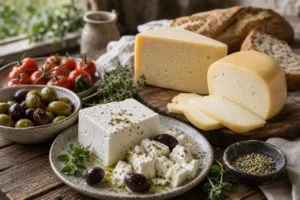 Greek cheese spread with feta-style brined white cheese, hard sheep's-milk wedges, olives, tomatoes, bread, and herbs - Greek cheeses region guide | KnowTheCheese