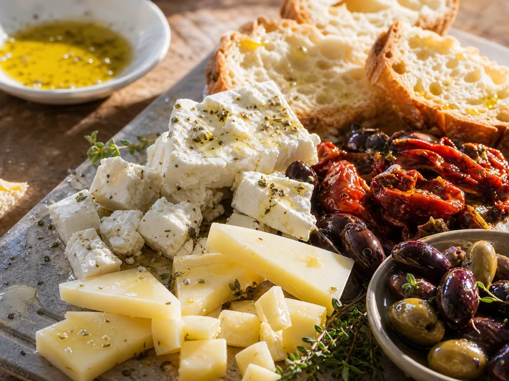 Greek cheese spread with feta, graviera, kasseri, olives, tomatoes, bread, and herbs