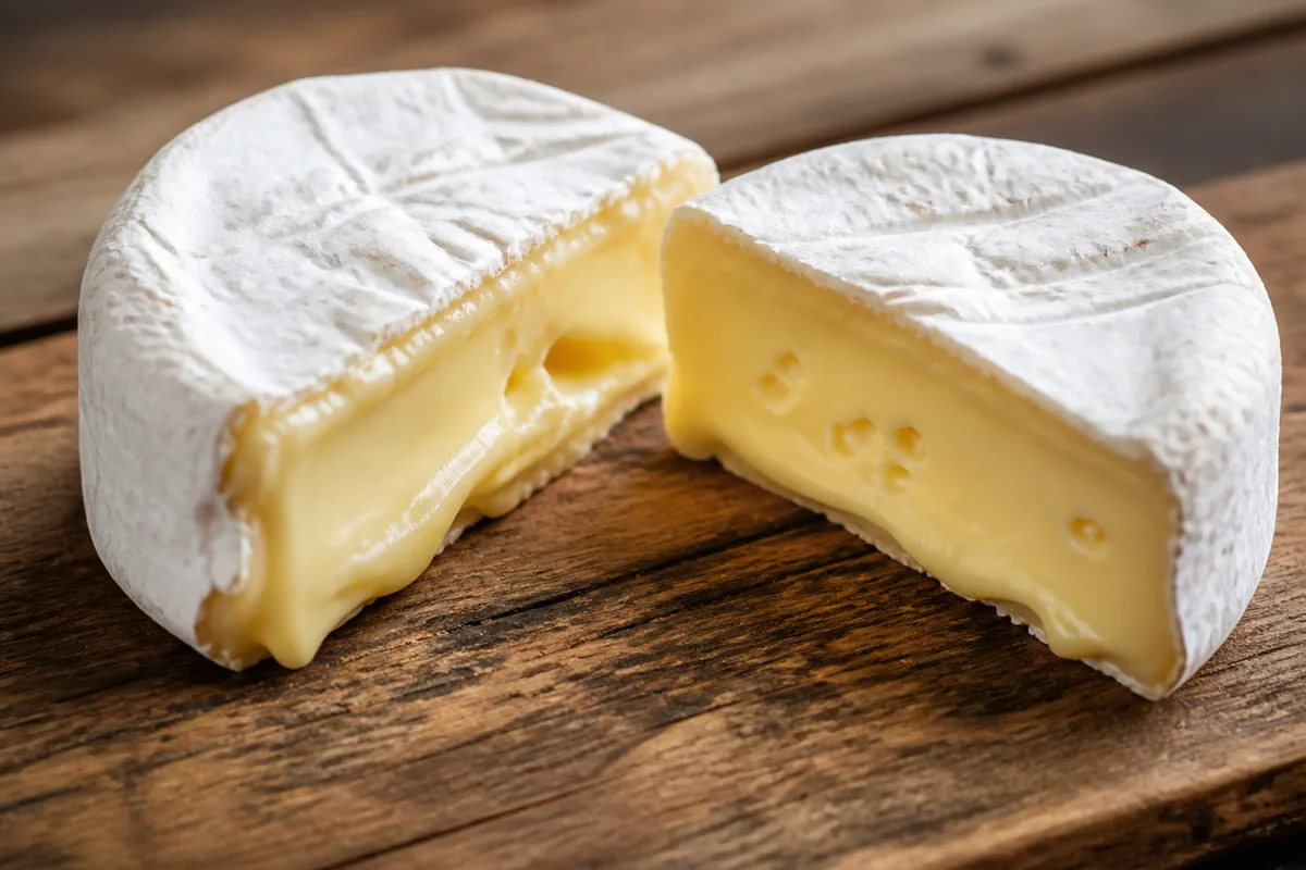 Small wheel of Green Hill cheese cut in half showing bloomy rind and golden paste