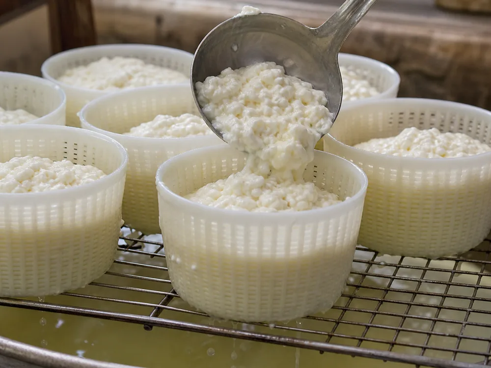 Curd being hand-ladled into molds for Green Hill cheese - Green Hill cheese | KnowTheCheese