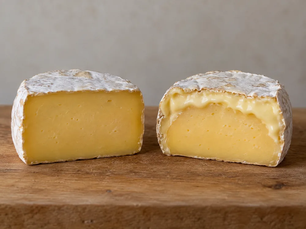 Two halved bloomy-rind cheeses, one with a firm even paste and one with a softened band under the rind - Green Hill cheese | KnowTheCheese