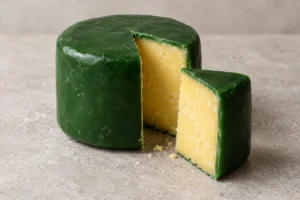 Green wax-coated cheese truckle with one wedge cut away to show yellow paste - Green Thunder cheese | KnowTheCheese