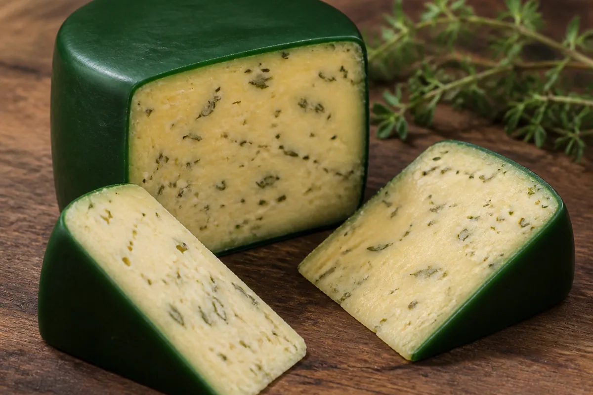 Green wax-coated cheese truckle with herb flecks visible in the paste